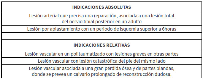 TABLA 1. Indicaciones de Lange para una amputación primaria por una fractura de tibia con lesión vascular.