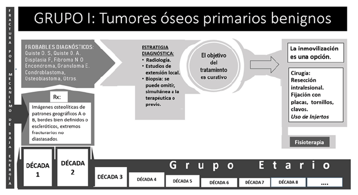Figura 1: Protocolo de tratamiento de los tumores óseos primarios benignos, que se sigue en la Unidad de Oncología Ortopédica del Estado Monagas (Grupo I).