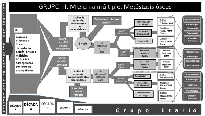 Figura 3: Protocolo de tratamiento de los tumores óseos metastásicos y Mieloma múltiple que se sigue en la Unidad de Oncología Ortopédica del Estado Monagas (Grupo III).